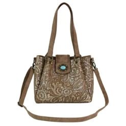 CatchFly Light Brown Embossed Tooling Shoulder Bag