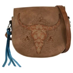 CatchFly Floral Tooling With Cow Skull Saddle Bag