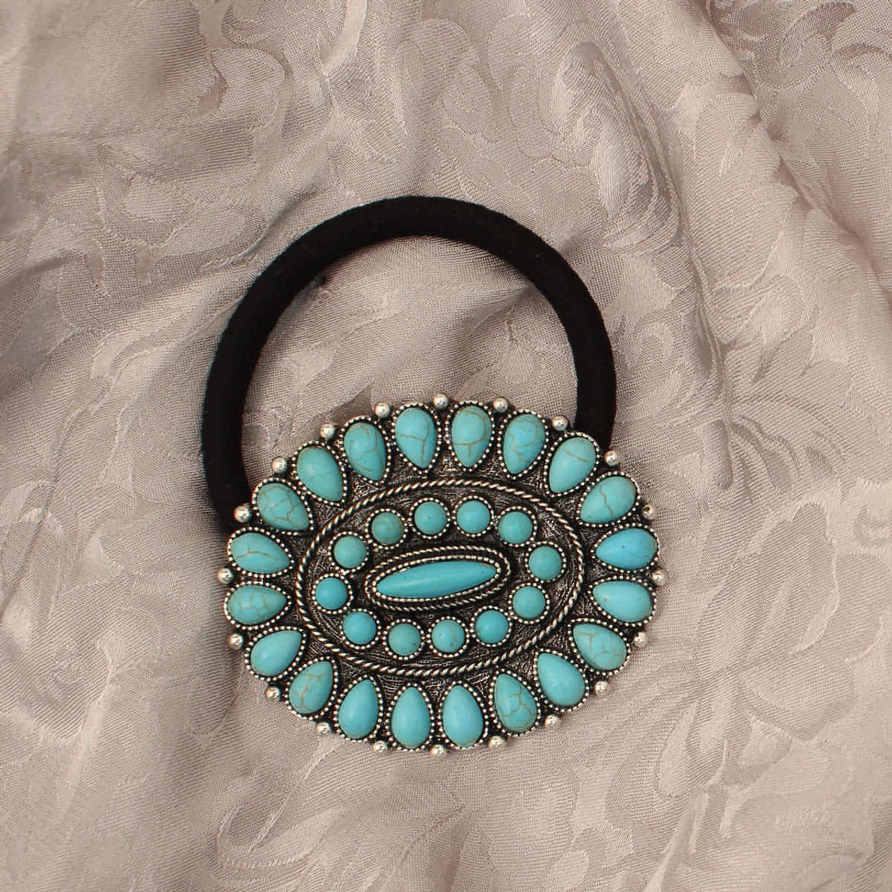 Blazin Roxx Hair Tie W/Oval Concho & Turquoise Stones 3 Blazin Roxx Hair Tie W/Oval Concho & Turquoise Stones