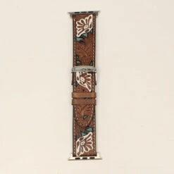 Nocona Large Brown Tooled White Floral Overlay IWatch Band