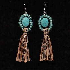 Silver Strike Oval Turquoise Earrings W/Leopard Print Tassles