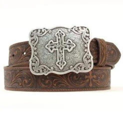 M&F - Ladies Fancy Tooled Belt With Cross Buckle - Brown