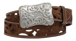 3D Womens Floral Filigree Distressed Full Grain Leather Belt