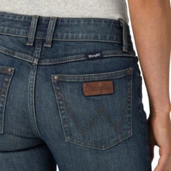 Wrangler Women's Mae Mid Rise Trouser Dark Wash Jeans With Tan Embroidered "W" -Hey Dude Central P2737040 6 85676.1688062350