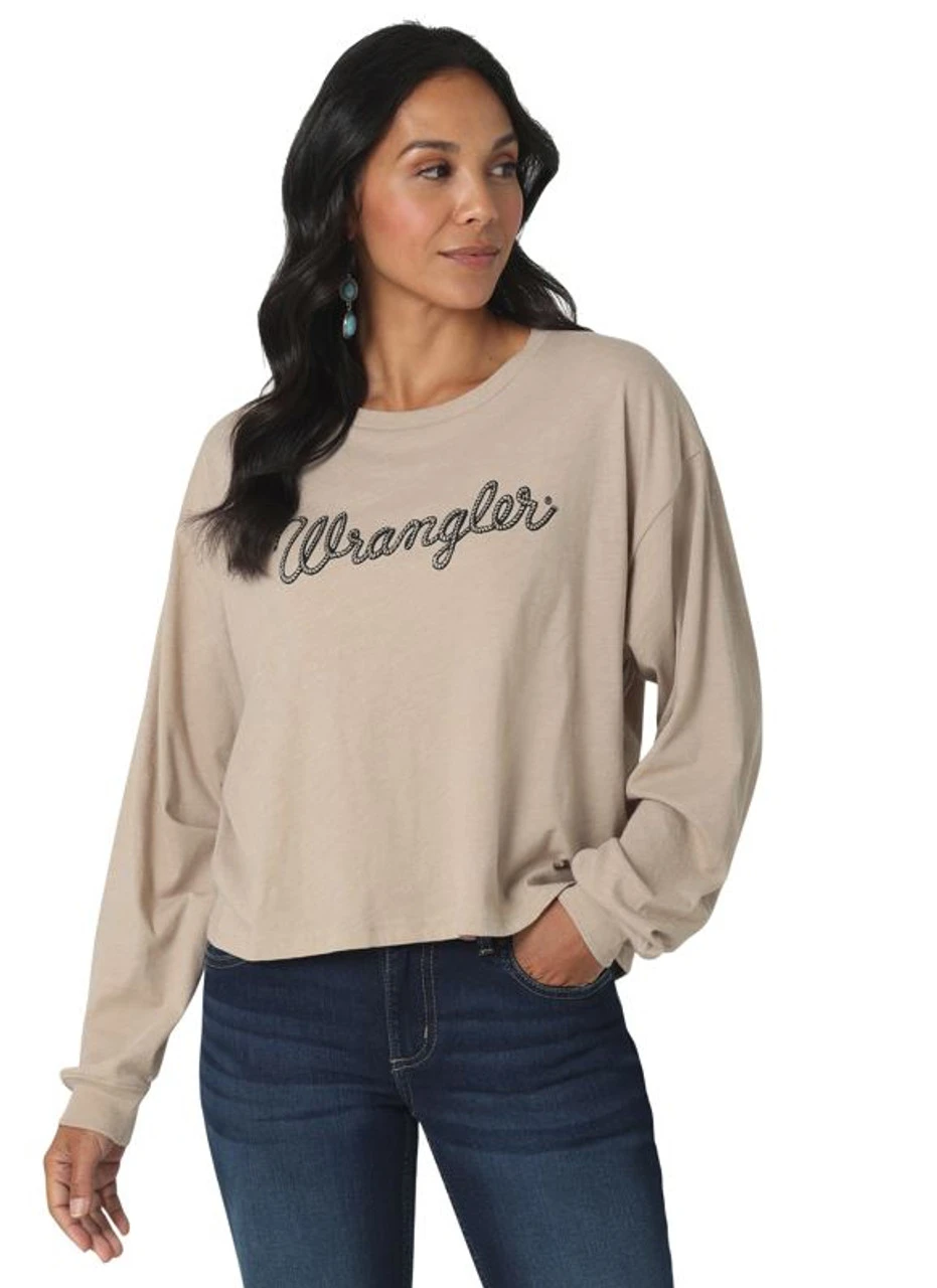 Wrangler Wangler Ladies Tan Boyfriend Cropped Long Sleeve Tee 3 Wrangler Wangler Ladies Tan Boyfriend Cropped Long Sleeve Tee