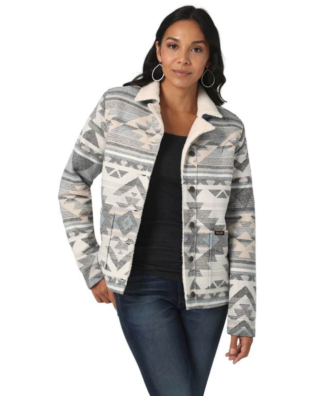 Wrangler Ladies Smoky Grey Sherpa Lined Southwestern Barn Jacket 3 Wrangler Ladies Smoky Grey Sherpa Lined Southwestern Barn Jacket