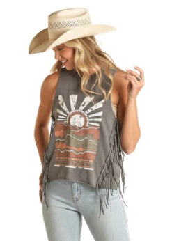 Rock And Roll Cowgirl Women's Navy Graphic Fringe Tank Tee