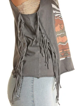 Rock And Roll Cowgirl Women's Navy Graphic Fringe Tank Tee -Hey Dude Central P2739895 3 43092.1686943582