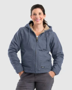 Berne Ladies Steel Blue Sherpa-Lined Softstone Duck Hooded Jacket