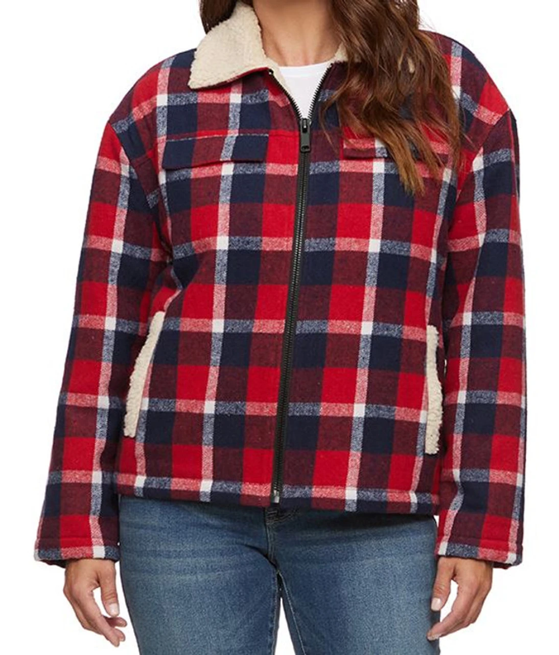 Threadgrit Women's ADA Sherpa-Lined Bomber Jacket - Red/Navy 3 Threadgrit Women's ADA Sherpa-Lined Bomber Jacket - Red/Navy