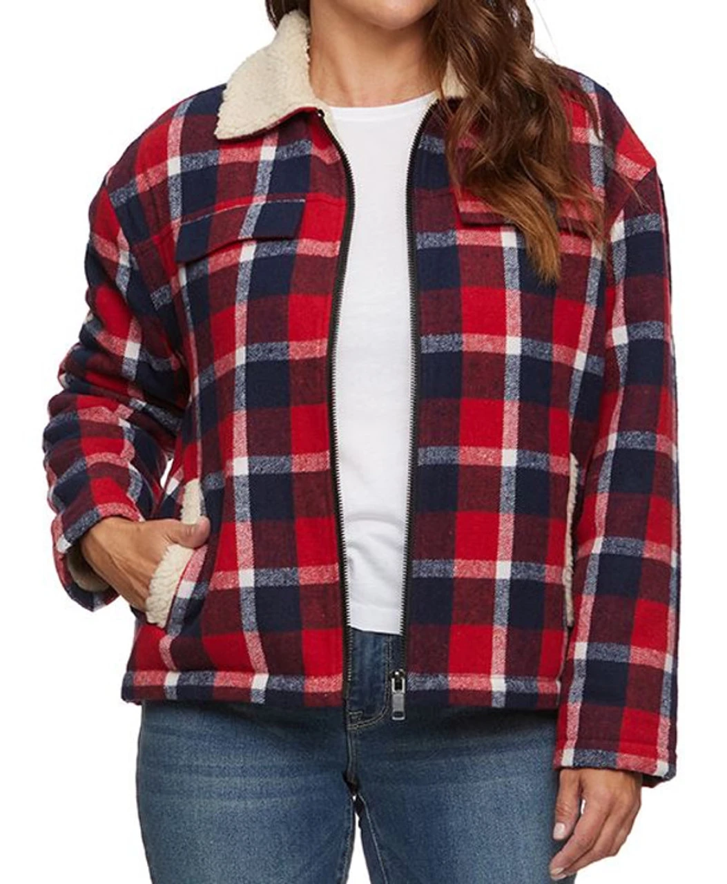 Threadgrit Women's ADA Sherpa-Lined Bomber Jacket - Red/Navy 4 Threadgrit Women's ADA Sherpa-Lined Bomber Jacket - Red/Navy - Image 2