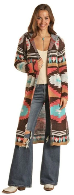 Rock & Roll Cowgirl Women's Chocolate Aztec Knit Hooded Long Sleeve Cardigan