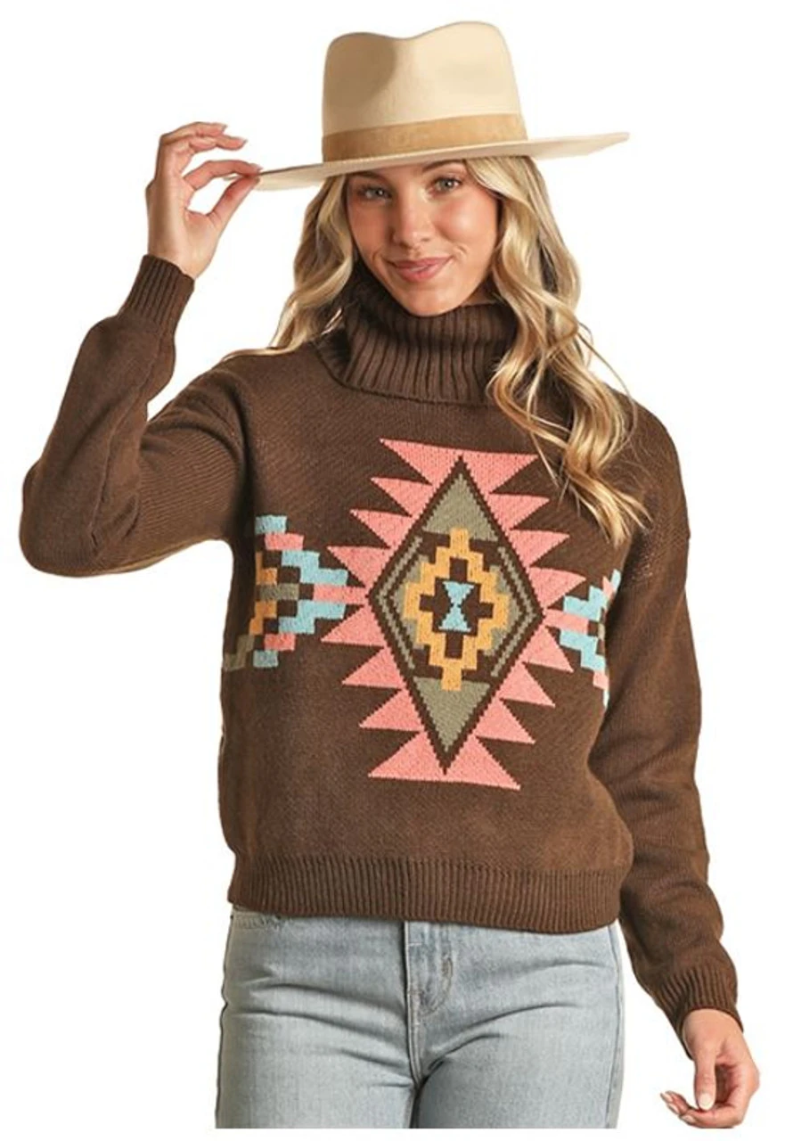 Rock & Roll Cowgirl Women's Brown Aztec Knit Turtleneck Sweater 3 Rock & Roll Cowgirl Women's Brown Aztec Knit Turtleneck Sweater