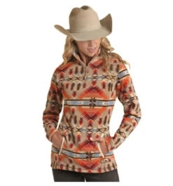Powder Rivers Outfitters Womens Tan Aztec Fleece Pullover