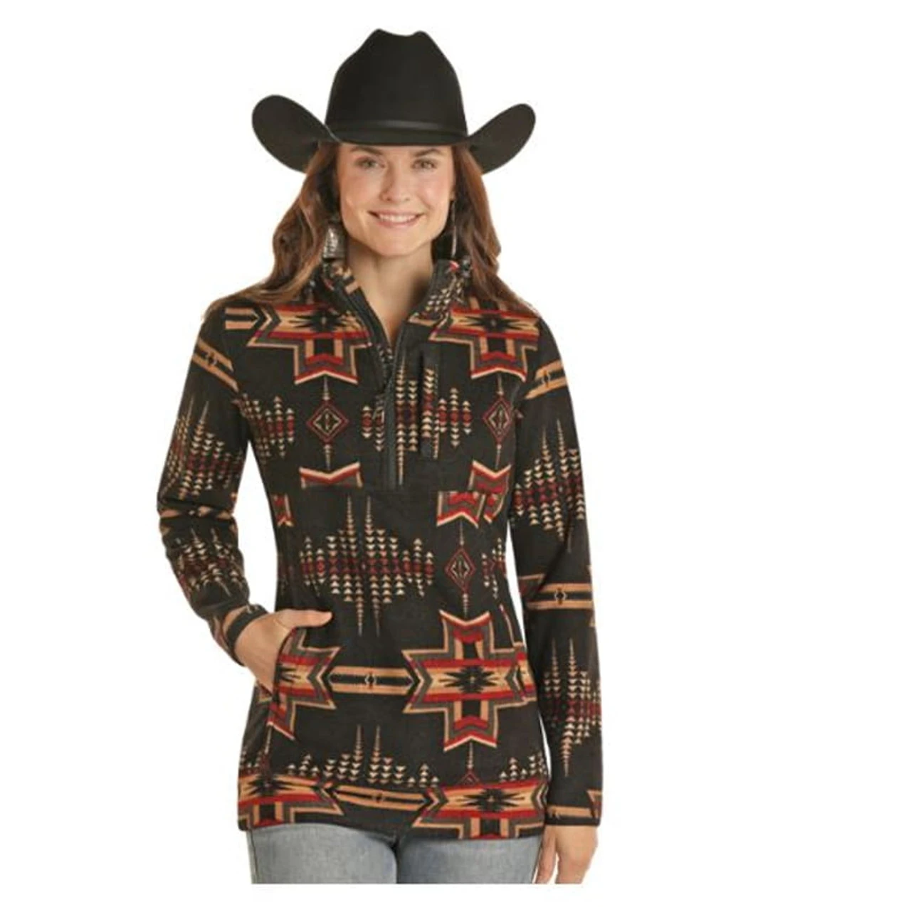 Powder River Outfitters Womens Black Aztec Printed Fleece Pullover 3 Powder River Outfitters Womens Black Aztec Printed Fleece Pullover