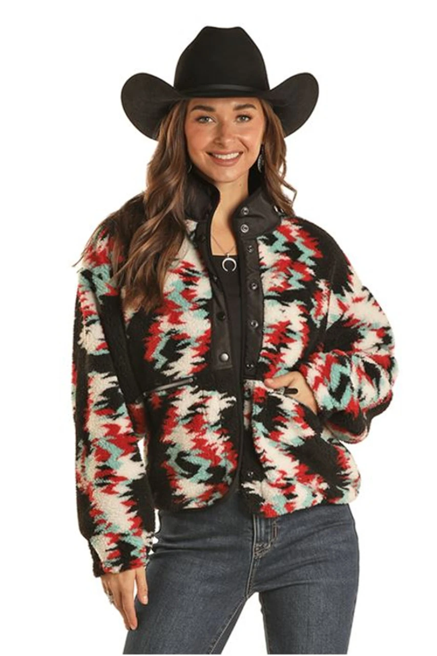 Rock & Roll Cowgirl Women's Black Abstract Print Sherpa Snap Up Jacket 3 Rock & Roll Cowgirl Women's Black Abstract Print Sherpa Snap Up Jacket