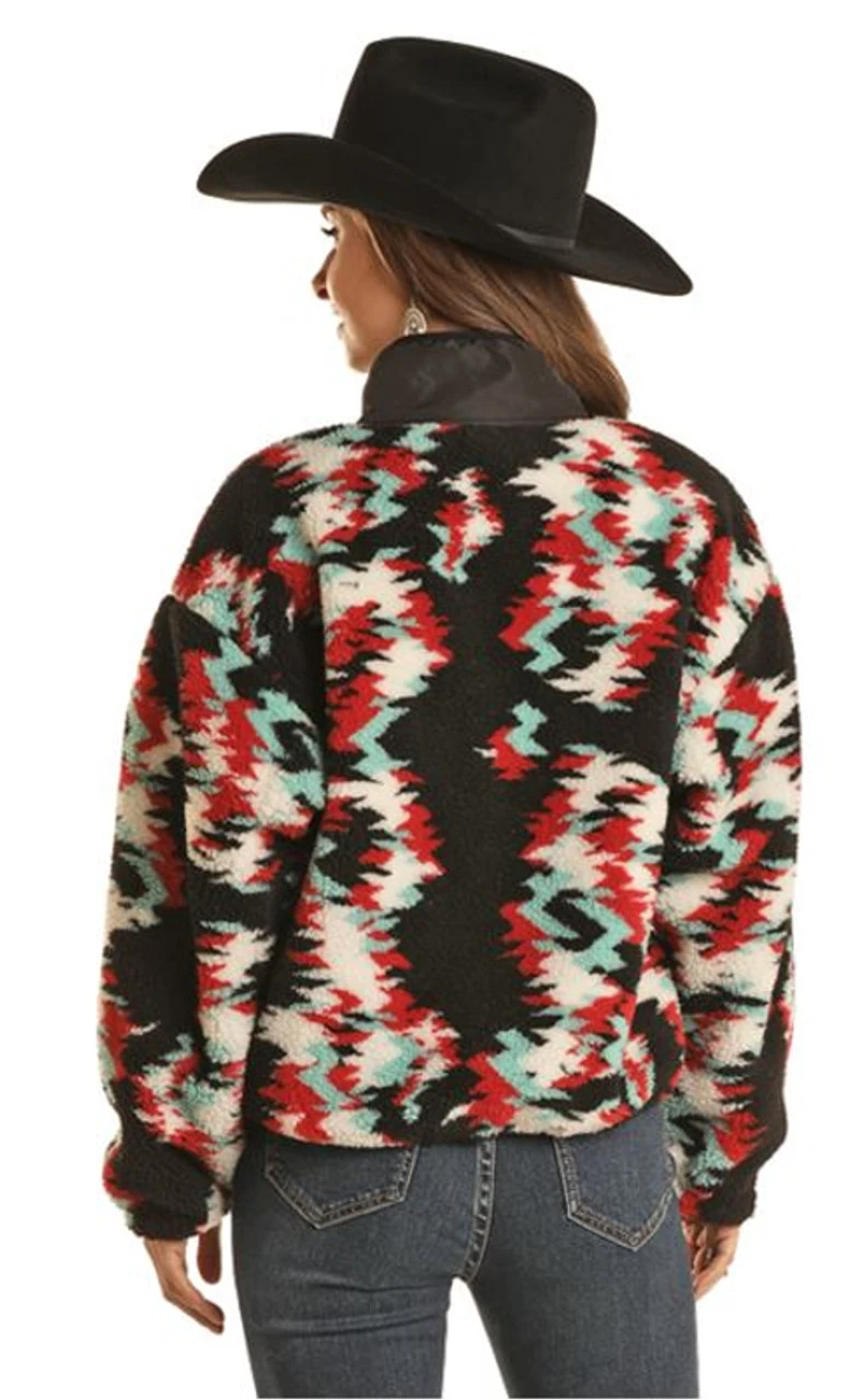 Rock & Roll Cowgirl Women's Black Abstract Print Sherpa Snap Up Jacket 4 Rock & Roll Cowgirl Women's Black Abstract Print Sherpa Snap Up Jacket - Image 2