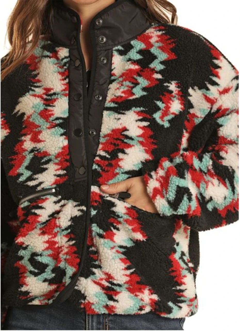 Rock & Roll Cowgirl Women's Black Abstract Print Sherpa Snap Up Jacket 5 Rock & Roll Cowgirl Women's Black Abstract Print Sherpa Snap Up Jacket - Image 3