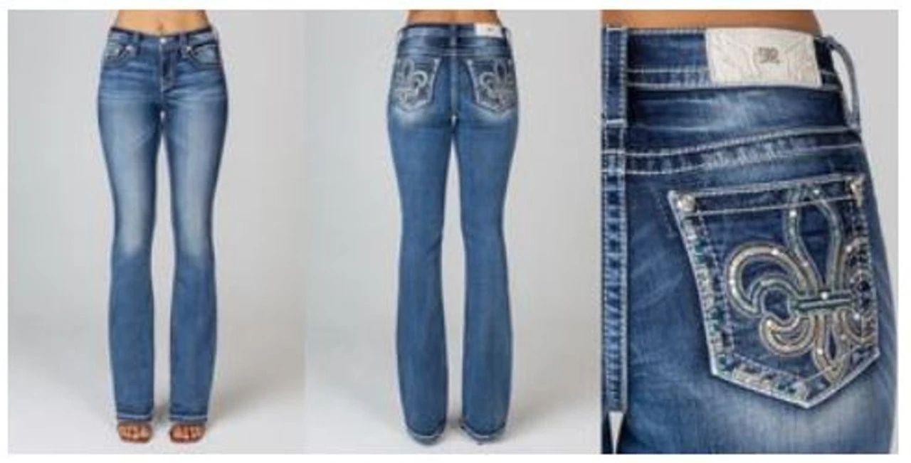Miss Me Women's Silver Sequins Fleur-De-Lis Mid Rise Medium Wash Bootcut Jeans 3 Miss Me Women's Silver Sequins Fleur-De-Lis Mid Rise Medium Wash Bootcut Jeans