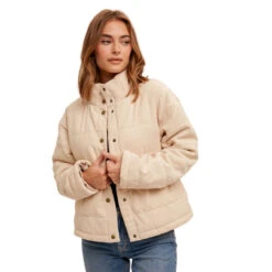 Hem & Thread Womens Ecru Corduroy Puffer Jacket