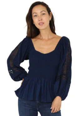 ?Nostalgia Women's Long Sleeve Smocked Peplum Top - Navy