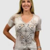 Liberty Wear Ladies Tan Geo Print Short Sleeve Shirt -Hey Dude Central P2925765 1 02471.1698432357