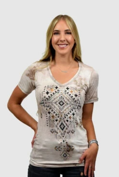 Liberty Wear Ladies Tan Geo Print Short Sleeve Shirt